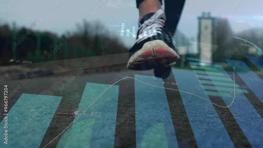 Aufkleber animation of data processing and diagrams over caucasian woman running