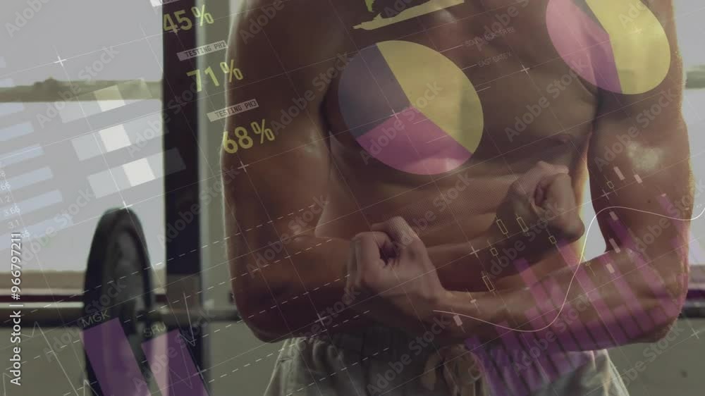 Poster animation of data processing and diagrams over caucasian man exercising at gym