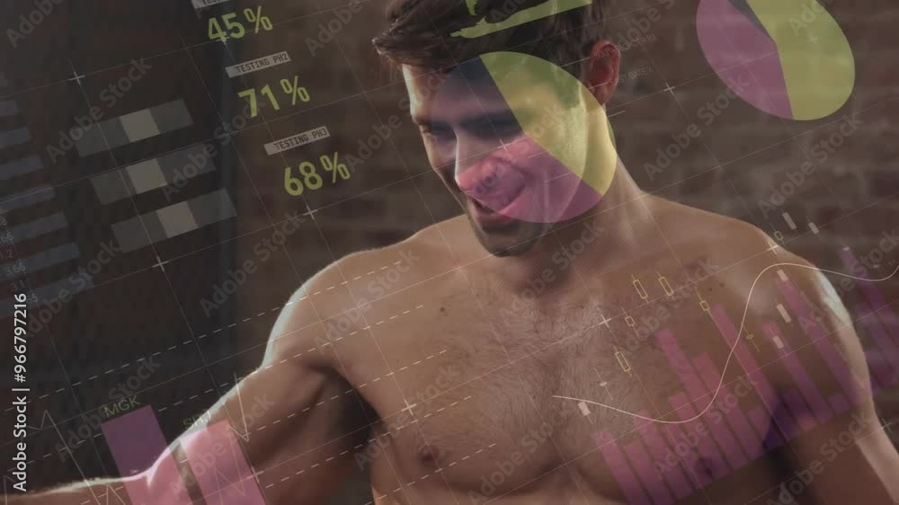 Poster animation of data processing and diagrams over caucasian man exercising at gym