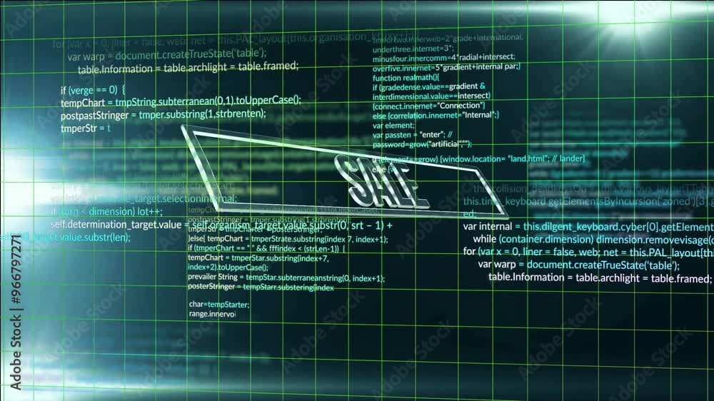 Poster Animation of sale text and data processing on black background
