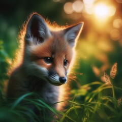 A young fox with a focused gaze, surrounded by lush green grass illuminated by the soft light of the golden hour, showcasing the intricate details of its fur and the vibrant colors of nature.