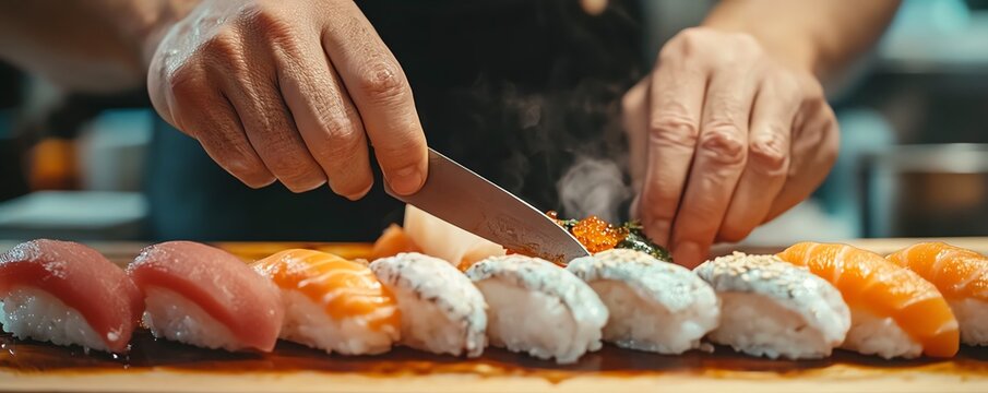 Handcrafted sushi being prepared with precision, focus on hands and knife, Japanese food, culinary art