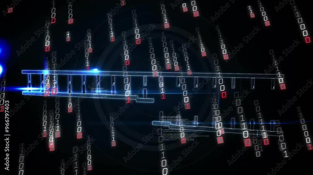 Poster animation of data processing and light spots over dna strand