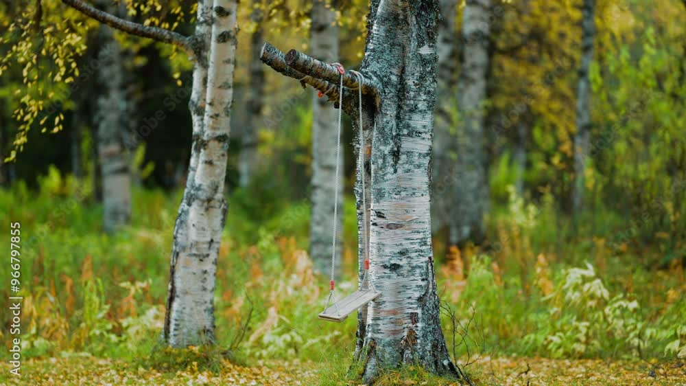 Poster a rustic swing hangs from the sturdy branch of a tree, surrounded by the vibrant colors of an autumn