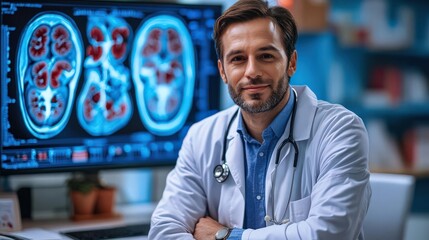 Nephrologist analyzing kidney function reports, specialist in renal health, detailed medical evaluation