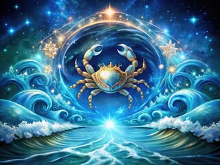 Fototapeta premium Celestial illustration featuring a delicate water-bearer symbol surrounded by stars and ocean waves, representing the emotional and nurturing qualities of the Cancer zodiac sign.
