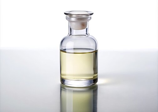 Clear glass vial containing cyclohexanone, a colorless liquid solvent with sweet pungent odor, against a white background with subtle shadows and reflections.