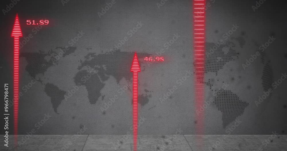 Poster animation of data processing and arrows over world map and globe
