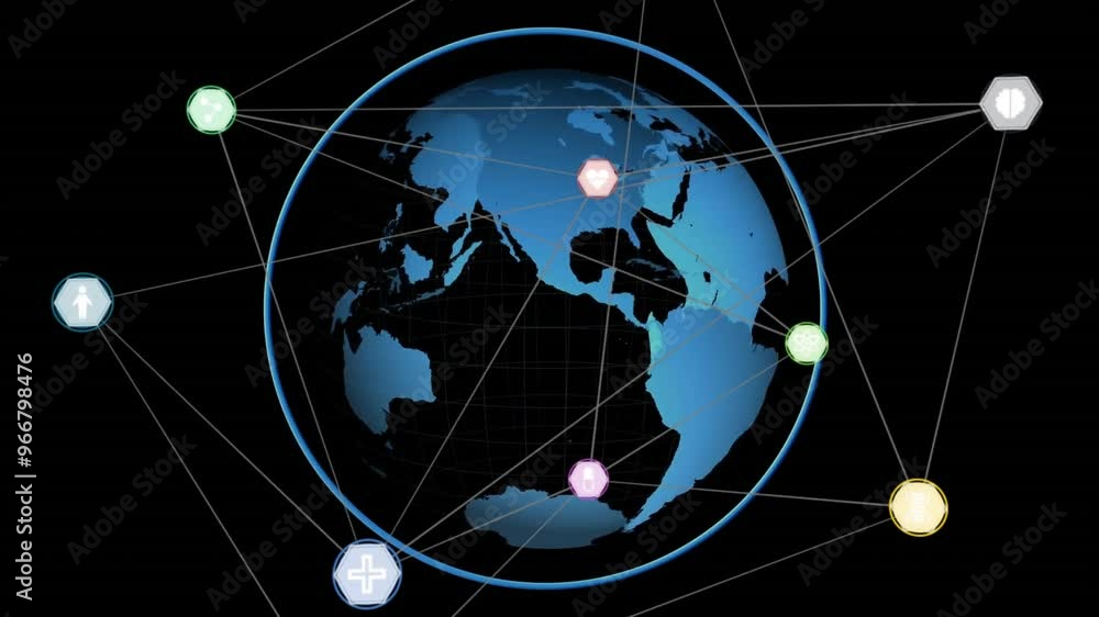 Poster animation of network of connections with icons over globe
