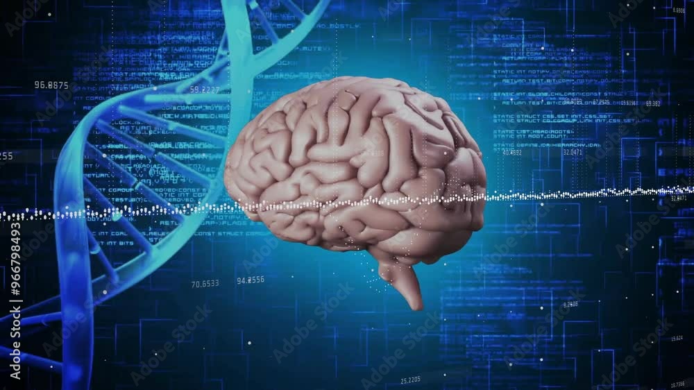 Aufkleber animation of digital brain and dna strand over data processing