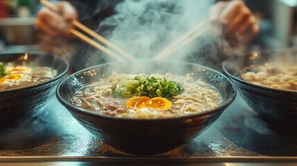 Ramen shop with steaming bowls of noodles on the counter, Japanese food, street food culture