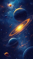 Solar system in stylized 3D style with bold forms, vivid colors, and a dynamic, realistic depiction of planets and their orbits.
