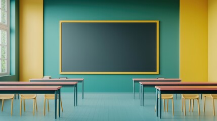 Modern Classroom Interior with Colorful Walls, Large Blackboard, and Wooden Furniture in Bright Daylight