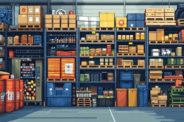 Warehouse layout, efficient storage solutions, flat design illustration