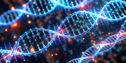 Fototapeta premium DNA Code of Life: A mesmerizing digital illustration of a glowing blue double helix DNA strand against a futuristic background of data and circuits, representing the essence of genetic information and