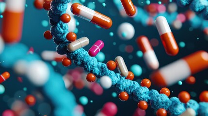 A 3D rendering of DNA strands with medical tools and organic supplements floating around, illustrating the blend of genetics and holistic health