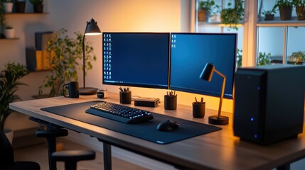 Naklejka premium Modern Home Office Setup with Dual Monitors, Keyboard, and Desk Lamp in a Cozy, Plant-Filled Environment