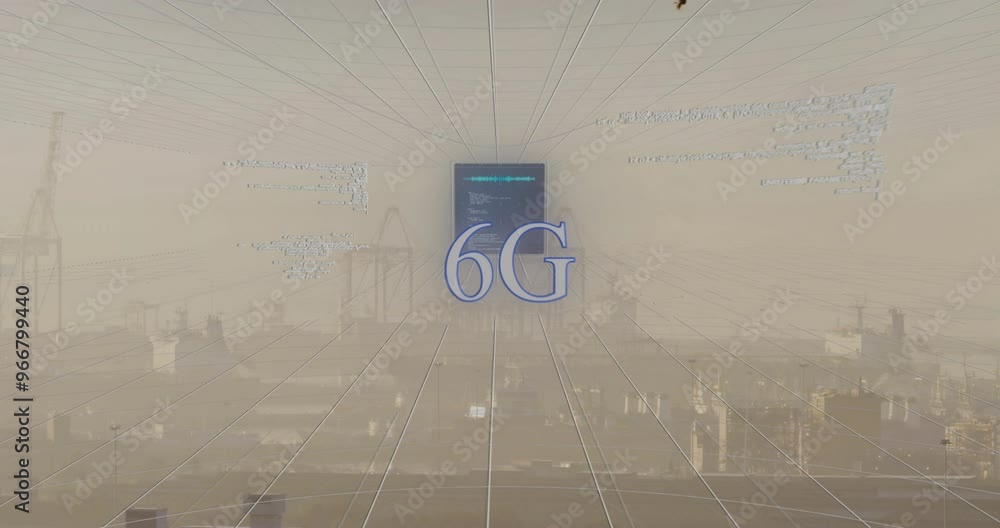 Aufkleber animation of cityscape over data processing and 6g text