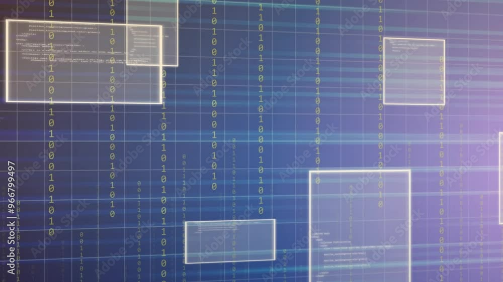 Poster animation of binary coding and data processing on blue background