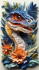 Obraz premium Dinosaur depicted in paper art style, featuring layered cut-outs and intricate details to highlight the prehistoric features and textures.