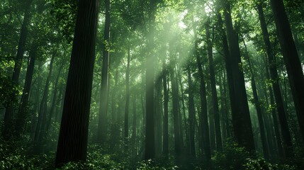 Obraz premium Sunlight Filtering Through Dense Green Forest Trees Creating a Serene and Tranquil Atmosphere