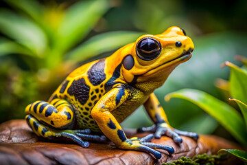 Golden Poison Dart Frog: A vibrant yellow and black poison dart frog perched on a leaf, its beady eyes reflecting the rainforest's mysteries. A captivating image of nature's artistry