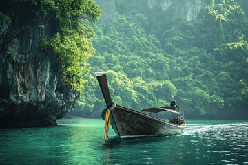 A long-tail boat on the sea near Phuket, Thailand with cliffs and lush greenery in the background