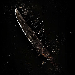 Curved Sword Shattering with Flying Debris on Dark Background
