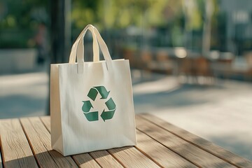 Reusable shopping bag with an ecofriendly message, displayed on a natural wooden surface, promoting sustainability and conscious consumption