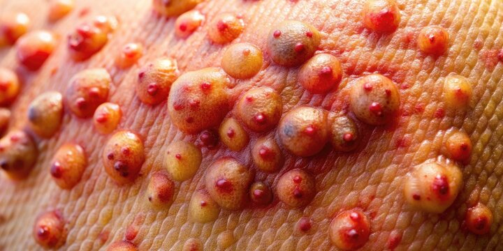 Close-up of inflamed skin with red, pus-filled bumps and swelling, indicative of staph infection, with warm lighting and shallow depth of field.