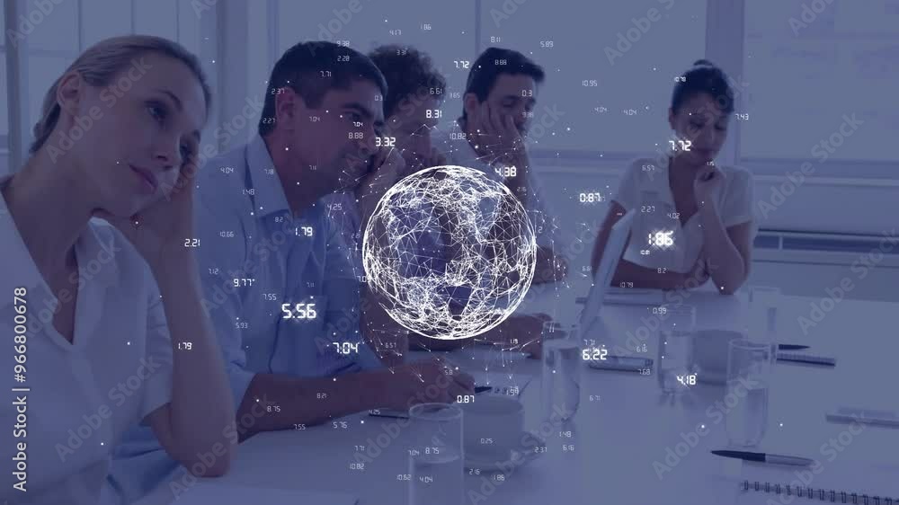 Poster animation of data processing and globe over diverse colleagues working in office