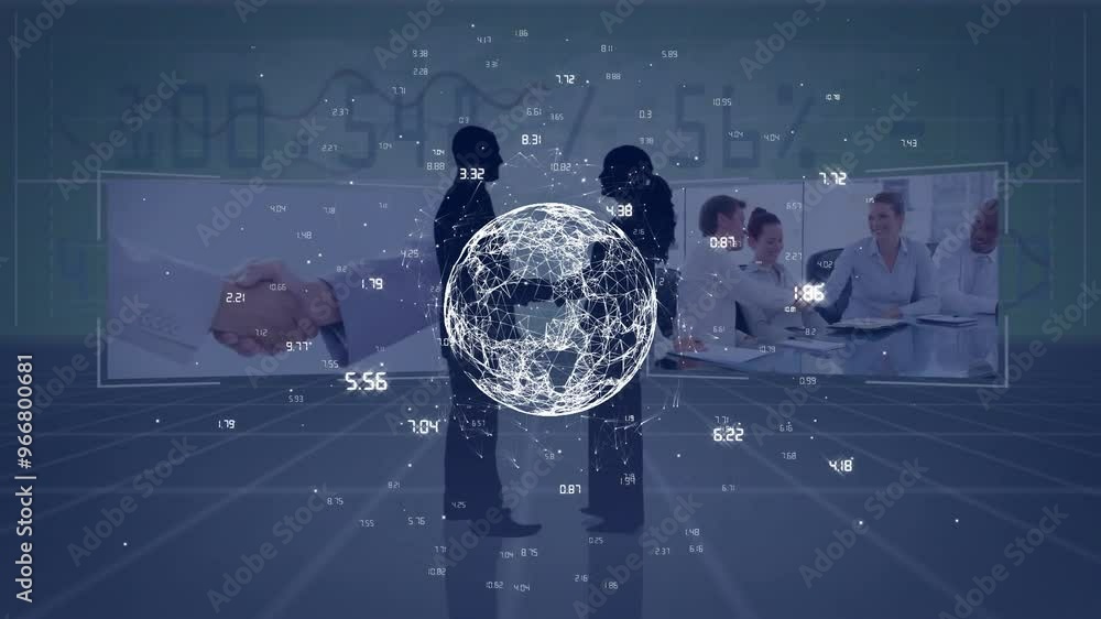 Poster animation of data processing and globe over diverse colleagues on digital screens