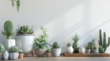 Fototapeta premium Natural Sanctuary: Living Space with Plants, Cacti, and Succulents in Hipster Pots