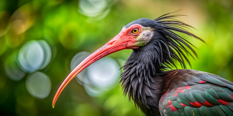 Naklejka premium Scarlet Ibis Majesty: A vibrant Scarlet Ibis poses against a lush green backdrop, its distinctive curved beak and striking plumage captured in exquisite detail. 