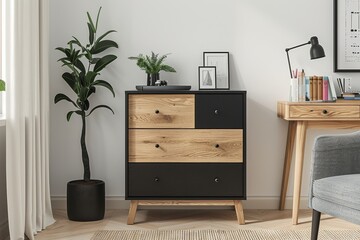  Modern Chest of Drawers with Four Deep Drawers in Black and Light Wood, Oak Desk, and Grey Fabric Chair