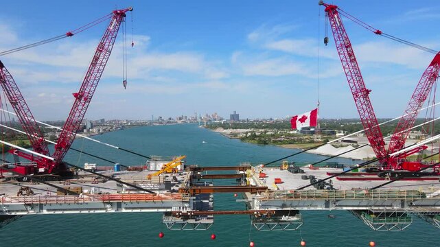 Drone revealing final stage of Gordie Howe international bridge construction, dolly out