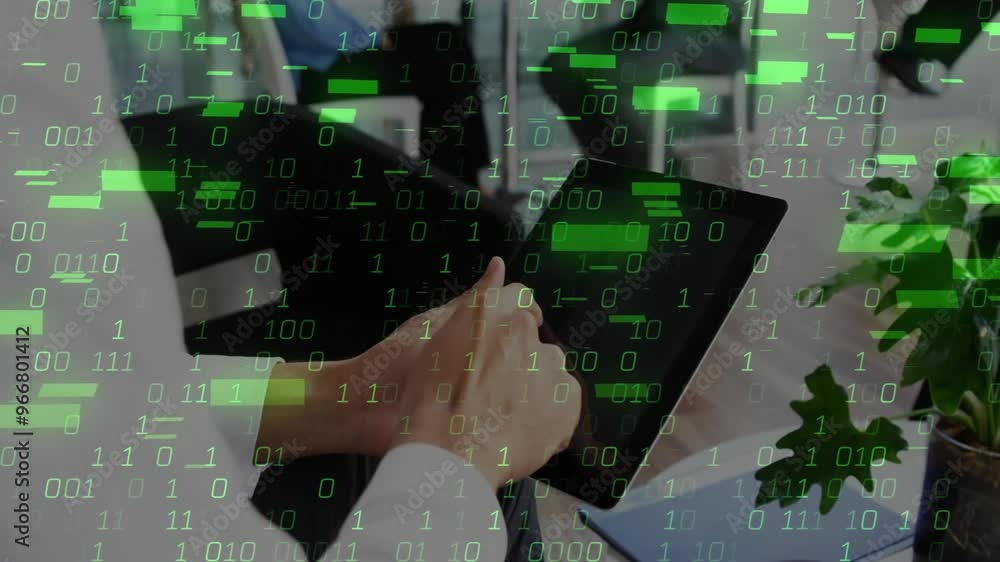 Poster binary code animation over person using tablet in office environment