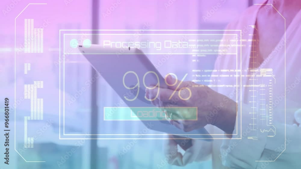 Poster processing data animation over person using tablet in modern office