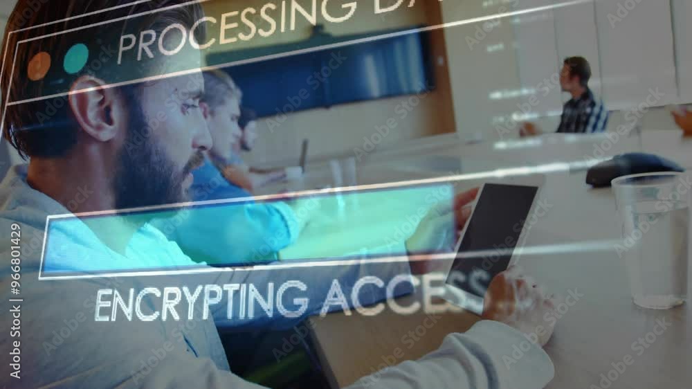 Aufkleber processing data and discovering database animation over people using tablets in office