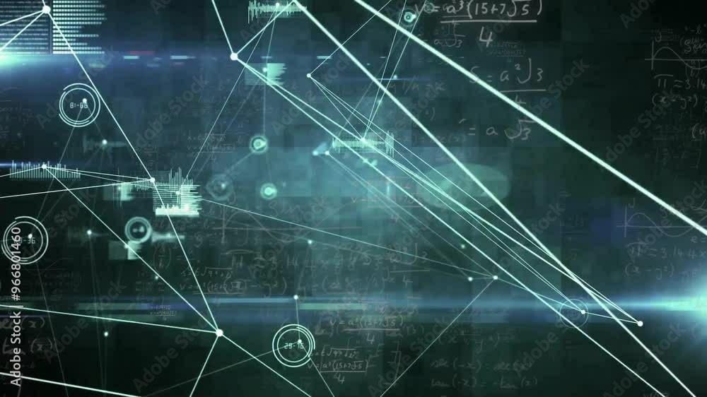 Poster geometric shapes and mathematical equations, scientific data processing animation