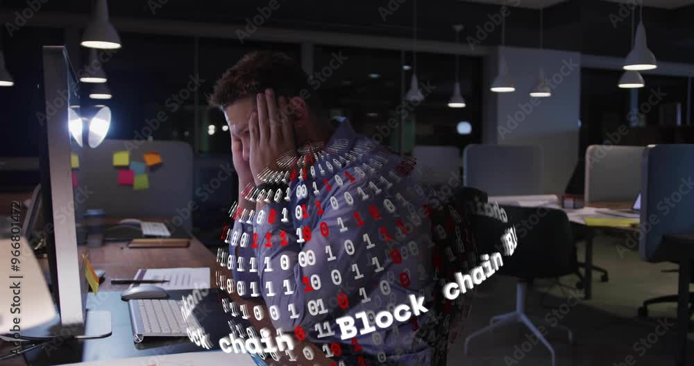 Poster working late in office, man surrounded by blockchain and binary code animation