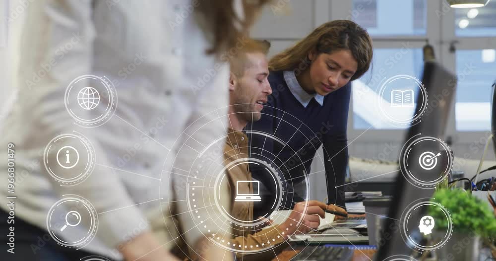 Poster business icons and data processing animation over colleagues collaborating in office