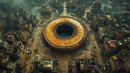 Ruined Cityscape with Eye-Shaped Structure.