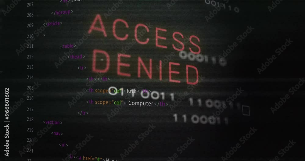 Aufkleber access denied text animation over computer code and binary numbers
