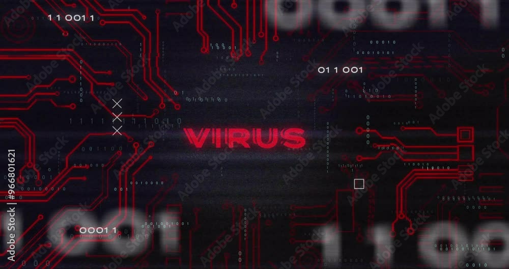 Poster red circuit board and binary code with virus text animation