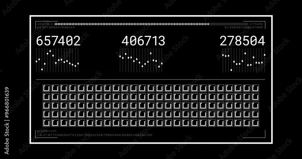 Poster numbers and binary data processing animation over black background with white elements