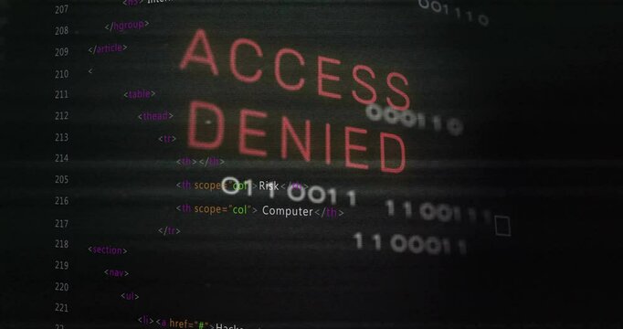 Access Denied text animation over computer code and binary numbers