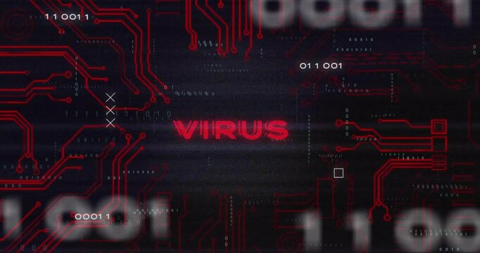 Red circuit board and binary code with VIRUS text animation