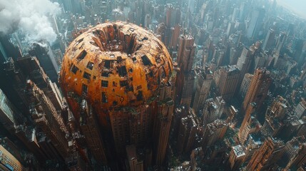 Futuristic city skyline with a giant spherical building in the center.