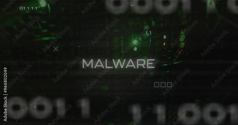 Poster malware text animation over digital code and green lights background